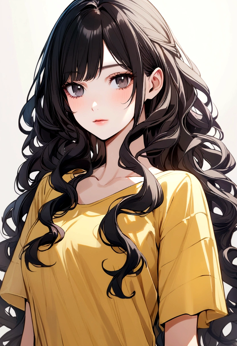 girl with black hair, long curly hair, no bangs, yellow glasses, black eyes, yellow t-shirt