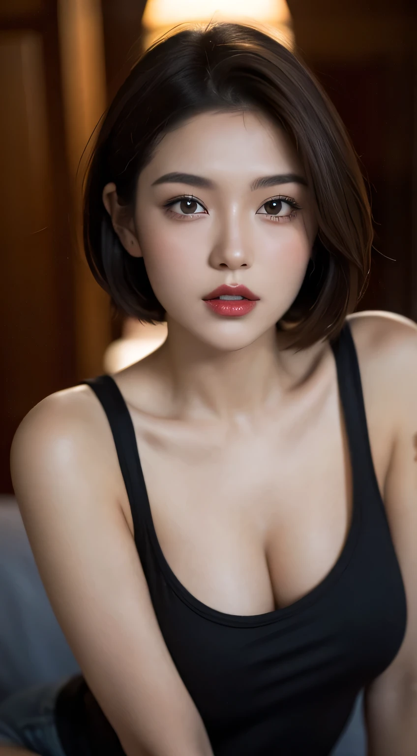 Amazing portrait of a sexy woman with short brown hair that is middle parted with lots of makeup during night time with soft lighting showcasing her perfect red lips wearing a loose blue tank top and black short shorts