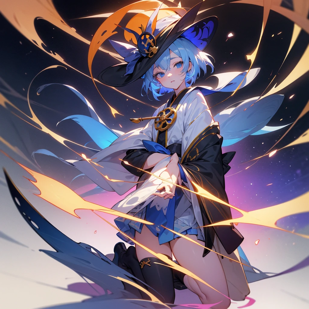 White Background, Blue Skirt,Solo Female, alone, (Kneel), (Kneel on white glass surface), (Cent, small), (White Background), (Witch Hat), curly, Looking at the audience, Panoramic View, vision, It begins with the night of the ark., Popular topics on Art Station pixiv, Arc Knight, pixiv Digital Art,The Detailed Art of the Onmyoji, Japanese anime fantasy illustration, author:Hero, Anime Art Wallpapers 8K, Sky Witch, pixiv style, anime art wallpaper 4k, anime art wallpaper 4k, (Clean background), Ink painting style,Beautiful colors,The decisive cut,広いblank領域, blank, space,masterpiece, Very sophisticated,A magnificent work,expensive、expensive品質,Highest quality,4K