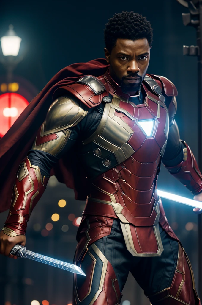 a close up of a man with a sword in front of a red light, from marvel studios, in style of marvel, blade, from a marvel movie, medium close - up ( mcu ), marvel studios, marvel movie, mcu style, starring in thor ragnarok film, wakanda, 2022 movie, marvel movie still, mkbhd as iron man