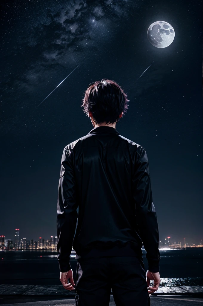 Dark moon background 
Night 
Anime boy back 
