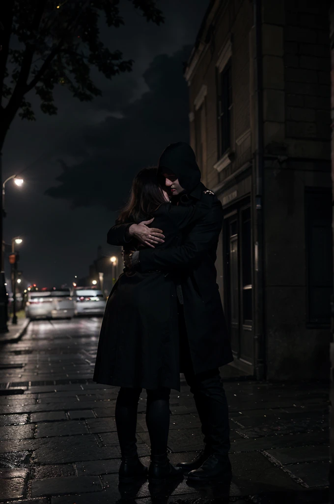 • Two figures, one male and one female, They find themselves in a passionate embrace. Their faces are hidden in the shadows, but the intensity of their connection is conveyed through their posture and body language.
Second plan:
• A night urban landscape, with narrow streets and old buildings. The light from the streetlights reflects on the rain puddles, creating a dark and mysterious atmosphere.
bottom:
• A full moon shines in the sky, surrounded by ominous clouds. Its silver light filters through the tree branches, creating a sense of suspense and danger.
Additional items:
 * A black crow perched on a tree branch, observing the scene with penetrating eyes.
 * A red rose, symbol of passionate and forbidden love, that withers on the ground.
 * A bloody knife, representing the danger and violence that lurk in the shadows.