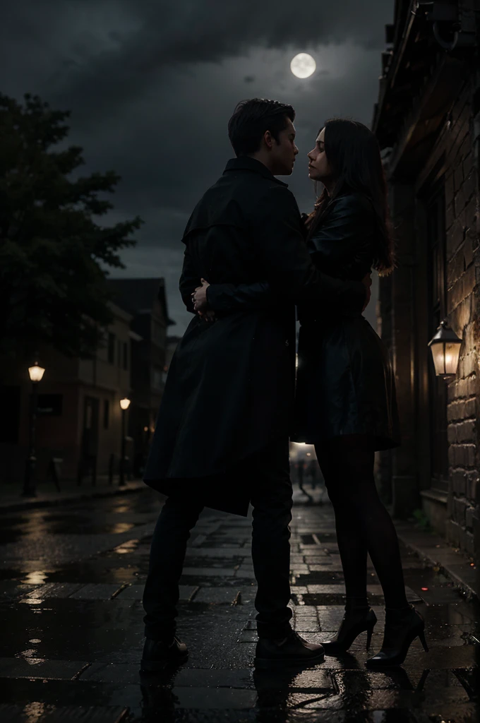 • Two figures, one male and one female, They find themselves in a passionate embrace. Their faces are hidden in the shadows, but the intensity of their connection is conveyed through their posture and body language.
Second plan:
• A night urban landscape, with narrow streets and old buildings. The light from the streetlights reflects on the rain puddles, creating a dark and mysterious atmosphere.
bottom:
• A full moon shines in the sky, surrounded by ominous clouds. Its silver light filters through the tree branches, creating a sense of suspense and danger.
Additional items:
 * A black crow perched on a tree branch, observing the scene with penetrating eyes.
 * A red rose, symbol of passionate and forbidden love, that withers on the ground.
 * A bloody knife, representing the danger and violence that lurk in the shadows.