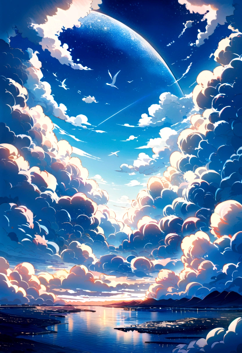A breathtaking scene featuring a vast, clear blue sky filled with fluffy white clouds. The clouds form layers that stretch into the distance, creating a sense of depth and infinity. In the center, a single bird is soaring high, adding a touch of life to the serene atmosphere. The lighting is soft and natural, highlighting the delicate textures of the clouds. The overall mood is peaceful and awe-inspiring, capturing the beauty of the open sky.
