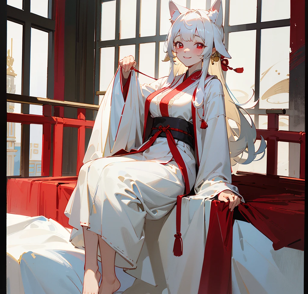 ((4K,masterpiece,best quality)),Traditional Chinese ink painting,White hair, red pupils, dog ears, big breasts beauty,barefoot,Wearing an ancient white robe,The robe has lace on it,Gold bells tied with red ropes on ankles and neck,Sitting gracefully on the bed by the window at dusk,Dress conservatively,Smile