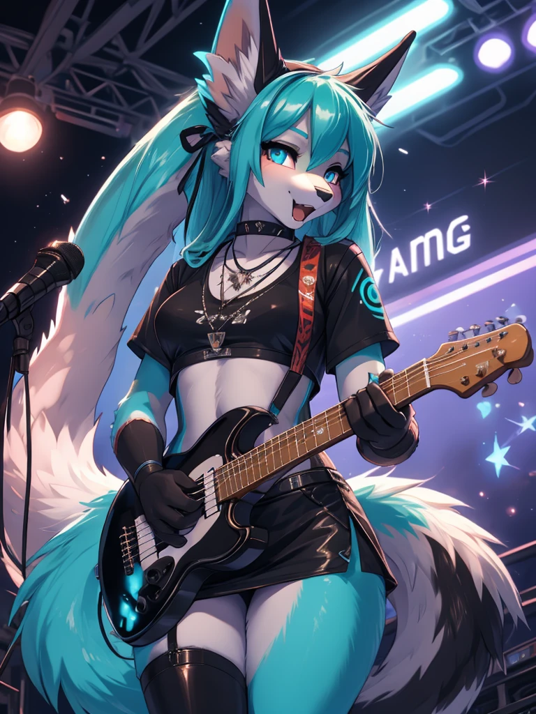 Miku Hatsune, high definition add_detail:1, blue fur,kitsune ears, tribal tattoo add_detail:1 cute high school clothes, pretty girl add_detail:3 18 year old girl, short black lycra, black metal t shirt, sensual look add_detail:3, hands rock sign, shouting add_detail:1, playing a electric guitar on stage add_detail:1, sensual pose with guitar add_detail