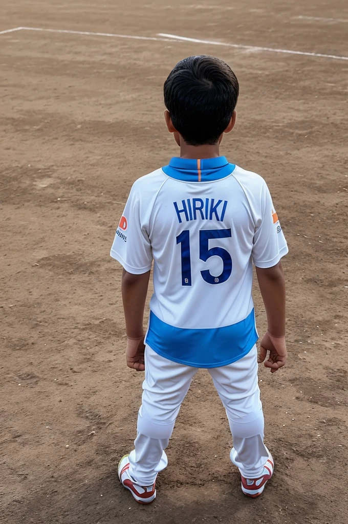 A with age of 15 contain cricket bat in his hand he is handsome and he have jersey of team india and his jersey no. Is 7 and he was standing in middle of stadium and is a effective way he done the hundred so peoples are cheering for him on the backside of jersey the name written is Pratik he stand in the position which his back looks front