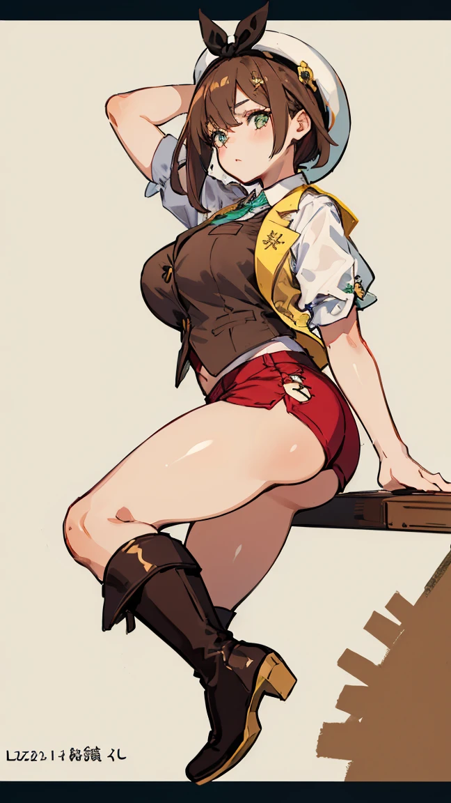 (Highest quality, 8K, masterpiece :1.3),Lizaリン・シュタウト(Lizaのアトリエ),Liza,Plump, One woman,Large Breasts,short hair,Brown Hair,hair band,Clothing,hat,White shirt,Yellow and white vest,Red shorts,Brown long boots,Big Ass,