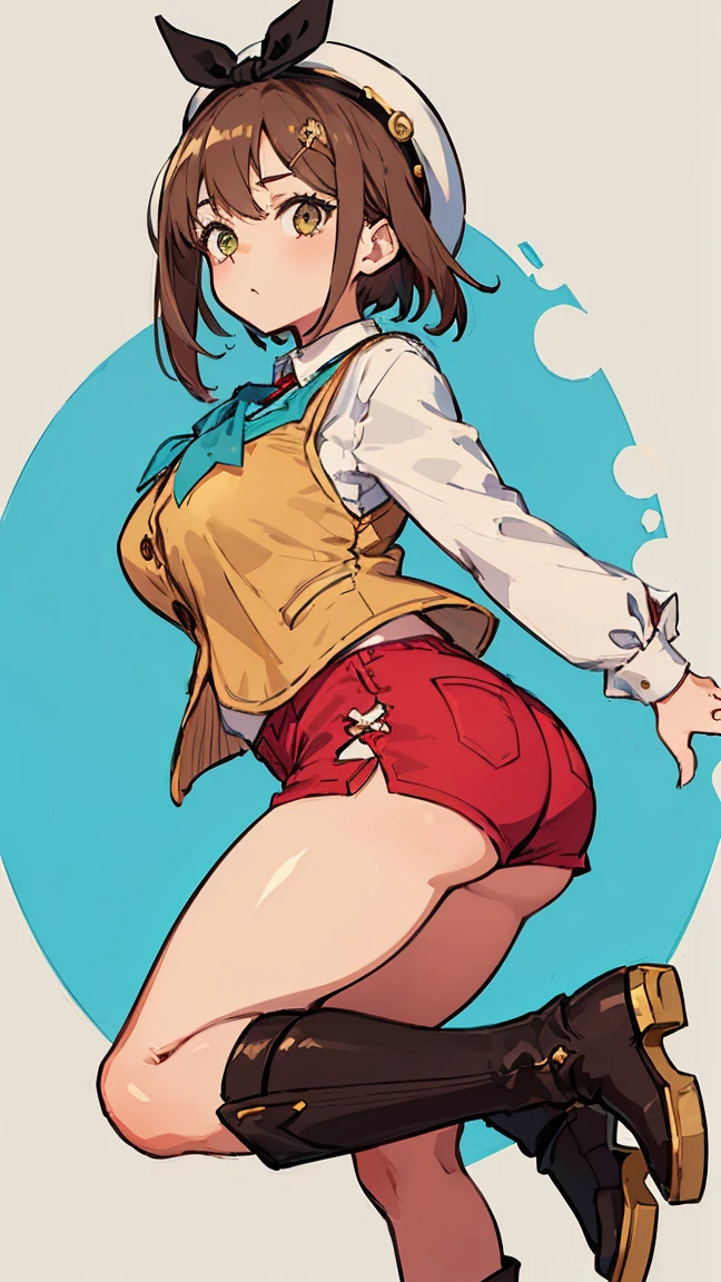 (Highest quality, 8K, masterpiece :1.3),Lizaリン・シュタウト(Lizaのアトリエ),Liza,Plump, One woman,Large Breasts,short hair,Brown Hair,hair band,Clothing,hat,White shirt,Yellow and white vest,Red shorts,Brown long boots,Big Ass,