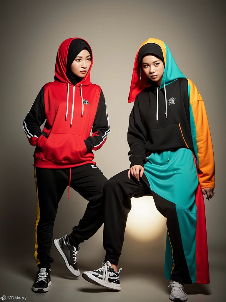 studio setting of a Malay couple. The young woman is wearing a hijab and a black jersey hoodie with a design that incorporates the Malaysian flag and a half red hibiscus flower at the bottom of the waist. The hoodie features yellow, red, and blue elements in a modern style. The Malay man is wearing clothes with the same pattern. They are posing elegantly against a neutral background with soft lighting, creating a clean and detailed composition with realistic textures.