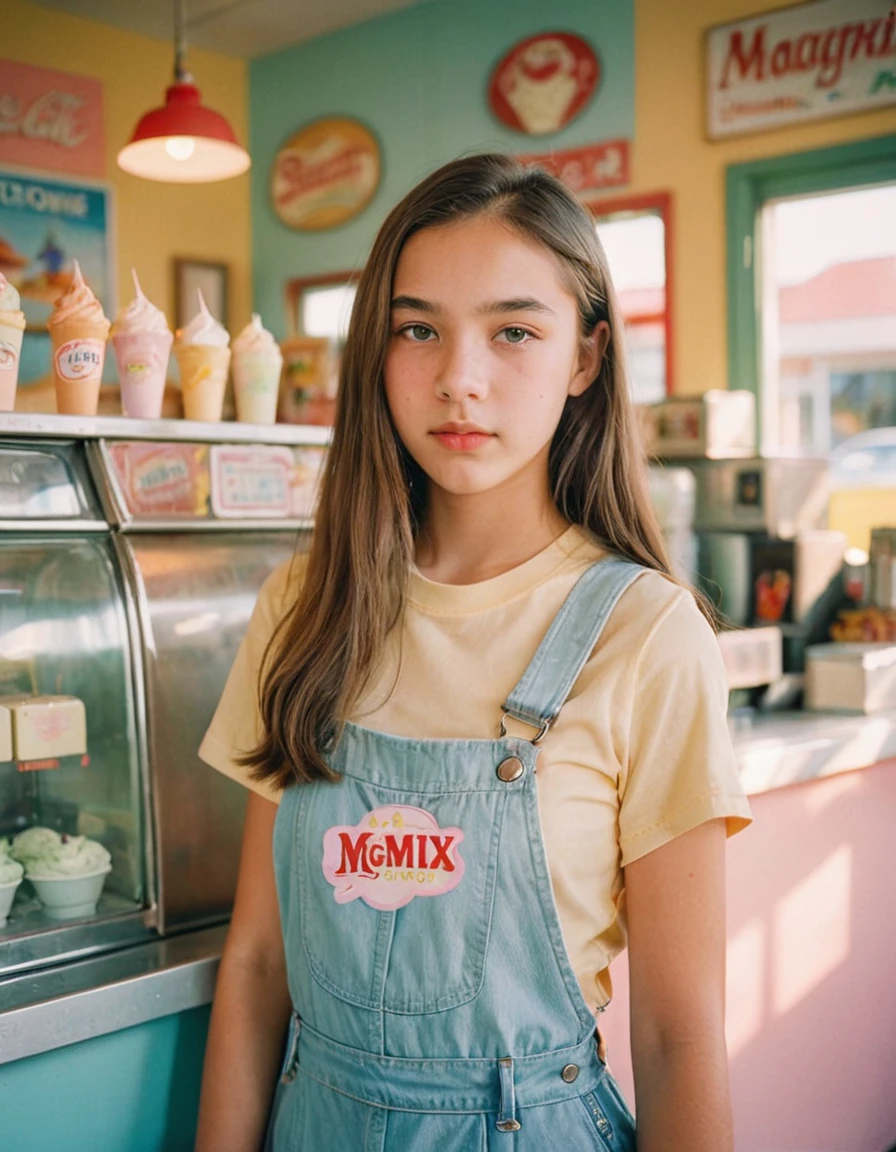 Portrait MagMix Girl looking at the camera, Long Hair, Overalls, A retro ice cream shop with pastel-colored walls, Classic Soda Fountain Counter, Vintage ice cream poster, bathed in warm sunlight, Analog Film Photography, Kodachrome,12yo,micro skirt