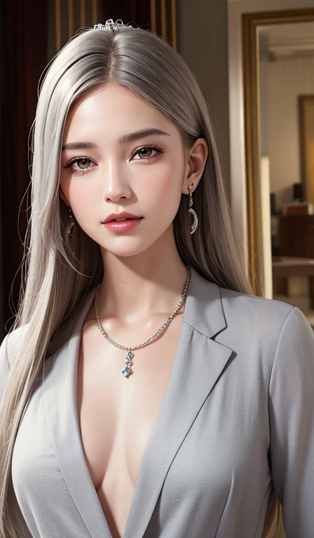 Realistic, High resolution, 1 Female, alone, Hip Up, Displaying the viewer, (Detailed face), Gray Hair, Long Hair, jewelry, elegant necklace, elegant diamond Earrings, Office uniform, Women&#39;s Tights, Shorts，Camel Toe, Beautiful eyes with attention to detail、very Long, narrow eyes、Beautiful eyelashes、Beautiful double eyelids、eye shadow,Long legs,Medium thighs, Wear glasses、Beautifully drawn eyes in every detail、Long, narrow eyes、Long eyelashes、Beautiful double eyelids、eye shadow、Earrings、Glowing White Skin、Sexy Bra