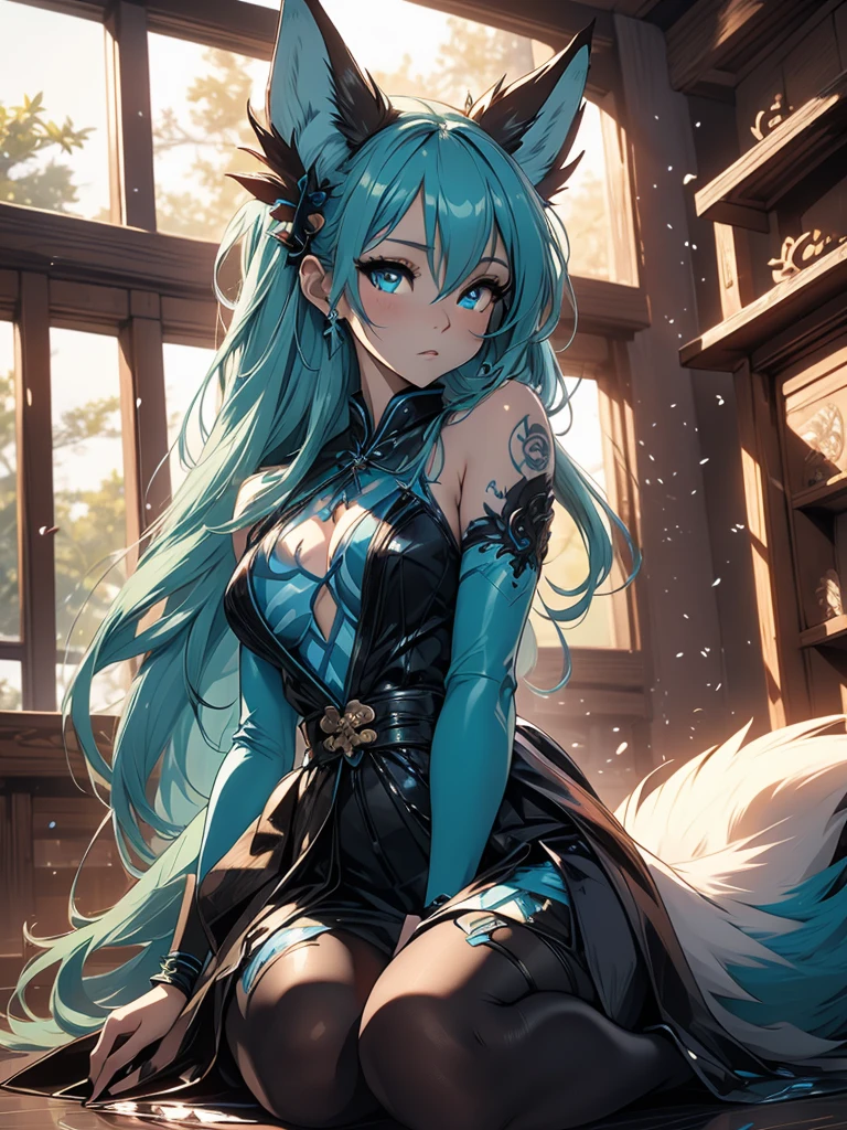  The best quality ((Masterpiece)) high definition Miku Hatsune x vixen high definition add_detail:1, blue fur,kitsune ears, tribal tattoo add_detail:1, pretty girl add_detail:1, feudal priestess clothing add_detail:1, japanese shrine landscape add_detail:1, japanese shrine costume add_detail:1, add_detail:1, full body add_detail, highly detailed face, deep aqua iris add_detail:1