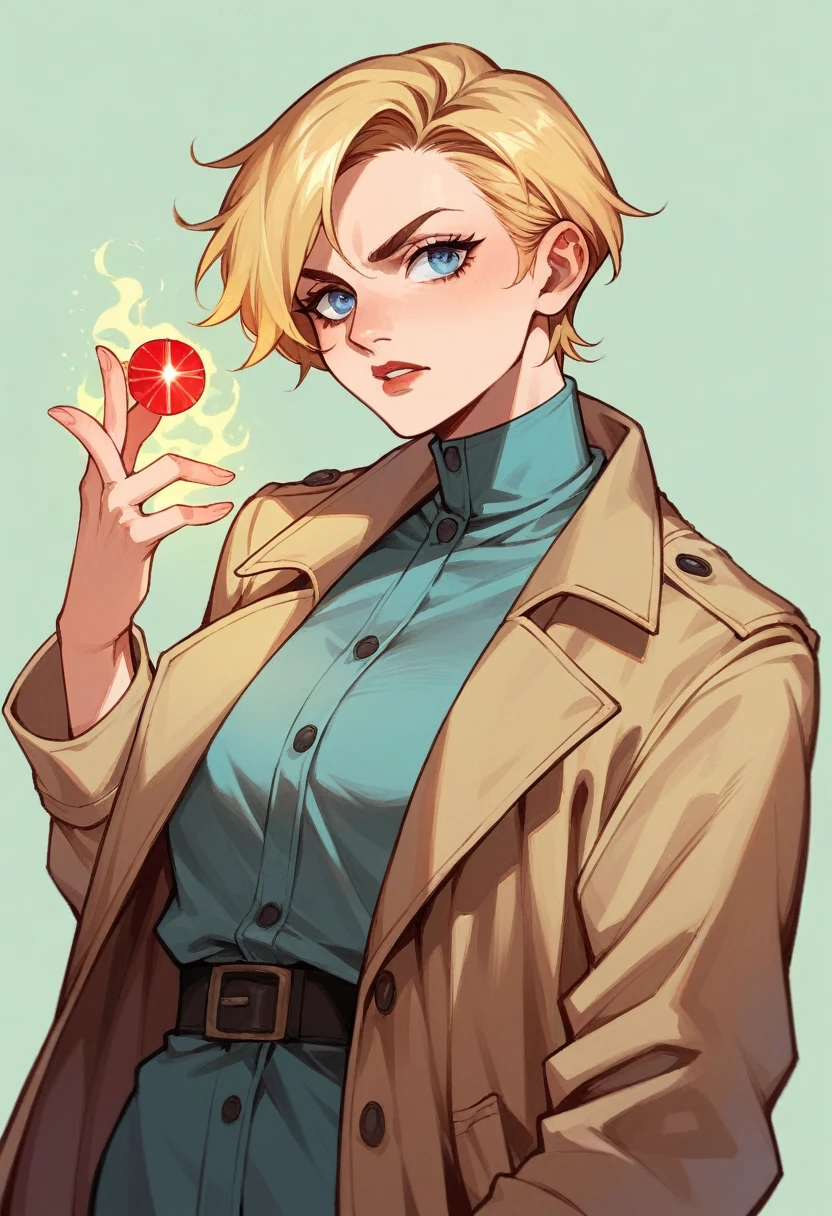 female John Constantine, short blonde hair, blue eyes, trench coat, red tye, yellow magic