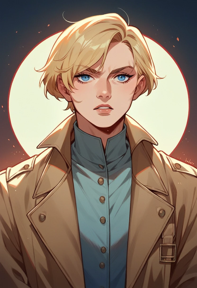 female John Constantine, short blonde hair, blue eyes, trench coat, red tye, yellow magic