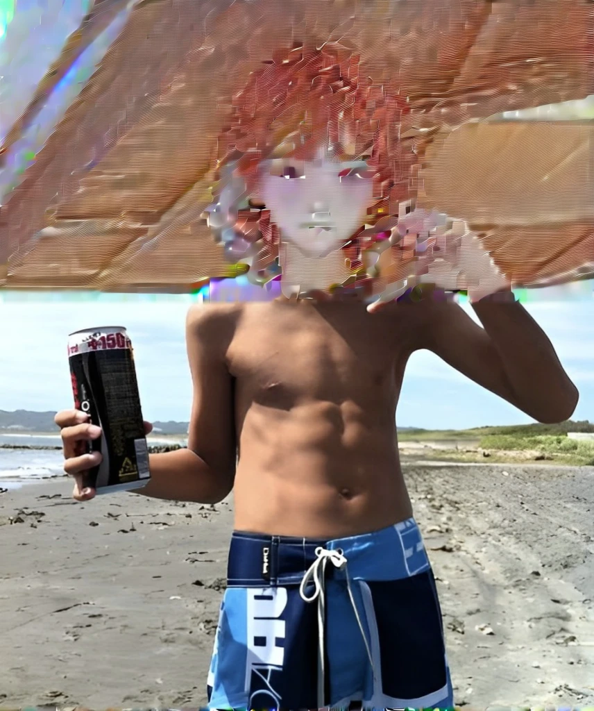 At the Beachコーラの缶を持っている上半身裸の少年, At the Beach, 13 years old, standing At the Beach, At the Beach, Beach Pictures, Vacation Photos, At the Beach, West Shot, Six Pack, 16 years old, Six Pack, tommy 16 years old, Beeching, Shorts, Holding a drink,Cute face