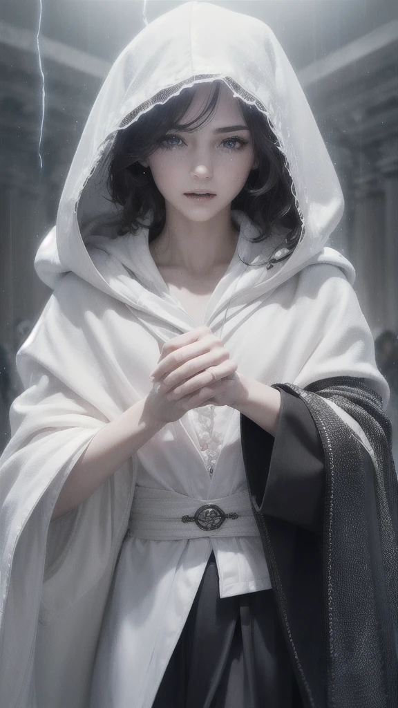 (skindentation:1.5), Realistic, Photorealistic, (masterpiece:1.5), concept art, intricate details, highly detailed, photorealistic, octane render, 8k, unreal engine, dynamic pose, best quality, highres, (realistic face:1.1), (hyperrealistic:1.1), ((full_body)), perfect eyes,(shiny skin:1.2), (((hairstyle))), (((perfect hands))), (extremely detailed background), ((dynamic background)), ((lightning)), (light rays), ((3 yeaes,1boy)), wearing t shirts, (((flowing cloak))), ((detailed eyes, high quality eyes, high quality face)), (extremely intricate white robes, raincoat), hair, umbrella,rain, sparks, smoke, school,((dramatic)), epic,walking,depth of field, bokeh, 4k, gothic, ember, particles