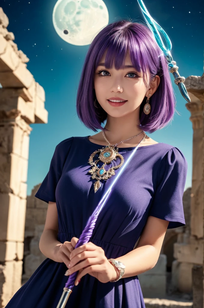 ((masterpiece)), ((best quality)), (ultra-detailed), ((kawaii)), cute, ((lovely)), ((extremely detailed)), (detailed face), (depth of fields), (detailed eye), (detailed facial features), (detailed clothes features), 4K, (8K), best quality, dynamic pose, (body shot:1.3), a pretty girl, 1 girl, solo, Japanese, (beautiful navy blue dress:1.3), she wears a skimpy wizard dress, (beautiful purple hair:1.3), chignon, (holding a wizard's wand:1.3), beautiful blue eyes, ((beautiful eyes)), white teeth, earrings, bib necklace, smile, (super full moon:1.3), mystical ancient ruins, greek architecture, lens flare, shiny,