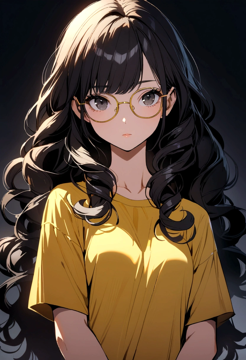 girl with black hair, long curly hair, no bangs, gold rimmed glasses, black eyes, yellow t-shirt