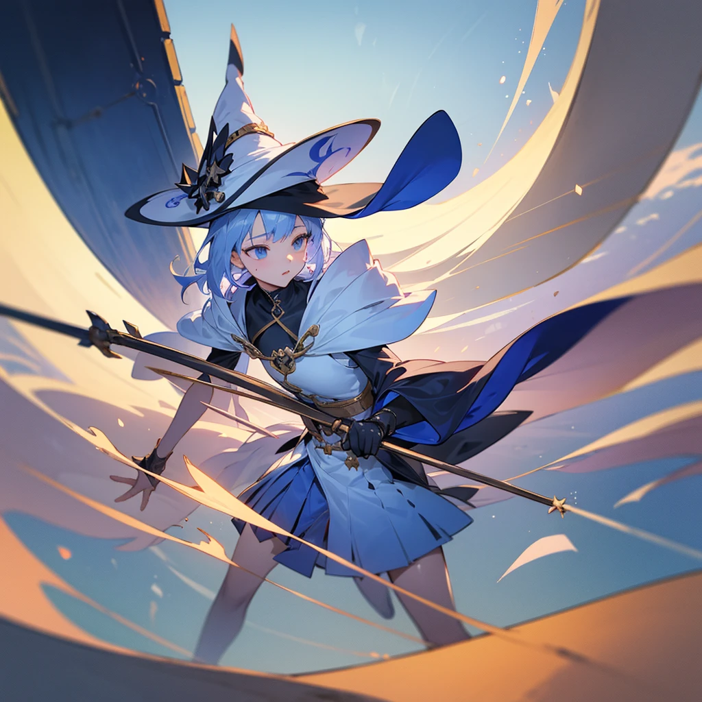 White Background, Blue Skirt,Solo Female, alone, ( on white glass surface), (Cent, small), (White Background), (Witch Hat), curly, Looking at the audience, Panoramic View, vision, It begins with the night of the ark., Popular topics on Art Station pixiv, Arc Knight, pixiv Digital Art,The Detailed Art of the Onmyoji, Japanese anime fantasy illustration, author:Hero, Anime Art Wallpapers 8K, Sky Witch, pixiv style, anime art wallpaper 4k, anime art wallpaper 4k, (Clean background), Ink painting style,Beautiful colors,The decisive cut,広いblank領域, blank, space,masterpiece, Very sophisticated,A magnificent work,expensive、expensive品質,Highest quality,4K