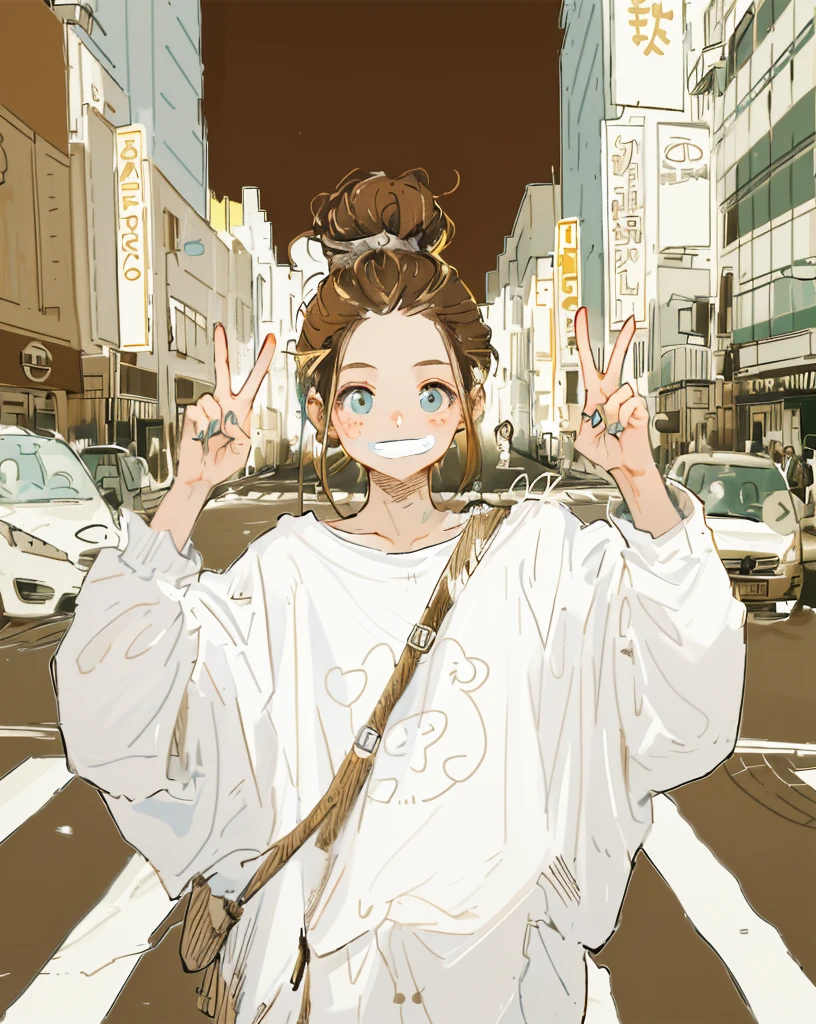Brown Hair、Bun Hair、Expressionless、Oversized T-shirt、White T-shirt、No peace sign
