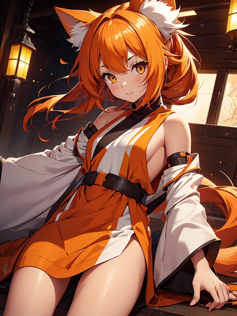 Young girl with shoulder length orange hair and yellow eyes, wearing a simple tunic, orange fox ears with a white tip and two orange fox tails with white tips.