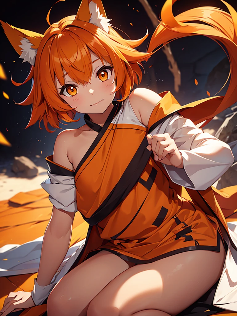 Young girl with shoulder length orange hair and yellow eyes, wearing a simple tunic, orange fox ears with a white tip and two orange fox tails with white tips.