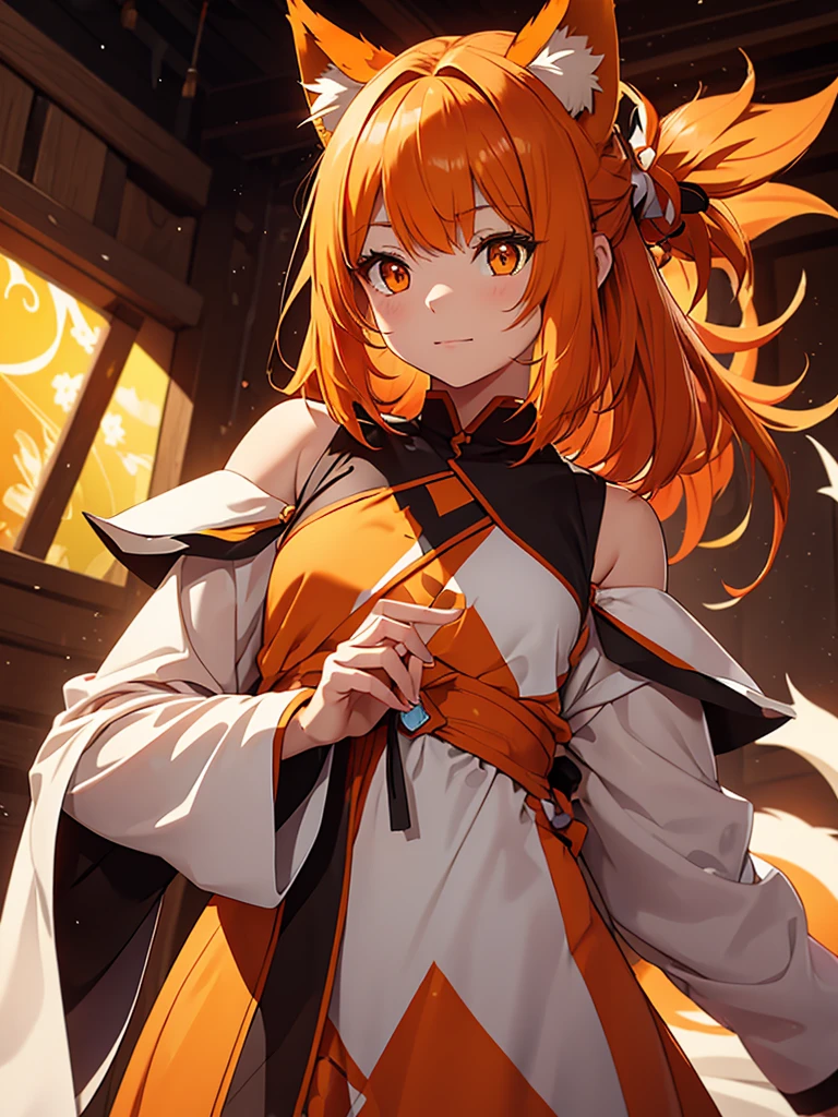 Young girl with shoulder length orange hair and yellow eyes, wearing a simple tunic, orange fox ears with a white tip and two orange fox tails with white tips.