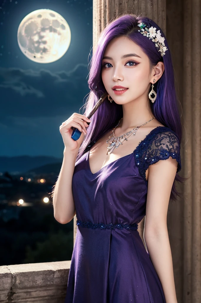 ((masterpiece)), ((best quality)), (ultra-detailed), ((kawaii)), cute, ((lovely)), ((extremely detailed)), (detailed face), (depth of fields), (detailed eye), (detailed facial features), (detailed clothes features), 4K, (8K), best quality, dynamic angle, (body shot:1.3), a pretty girl, 1 girl, solo, Japanese, (beautiful navy blue dress:1.3), she wears a skimpy wizard dress, (beautiful purple hair:1.3), chignon, holding a wizard's wand, beautiful blue eyes, ((beautiful eyes)), white teeth, earrings, bib necklace, smile, (super full moon:1.3), mystical ancient ruins, greek architecture, lens flare, shiny,