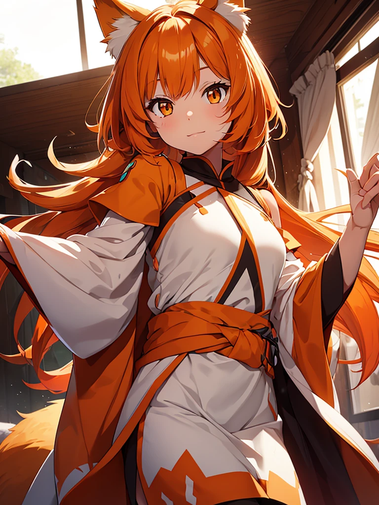 Young girl with shoulder length orange hair and yellow eyes, wearing a simple tunic, orange fox ears with a white tip and two orange fox tails with white tips.