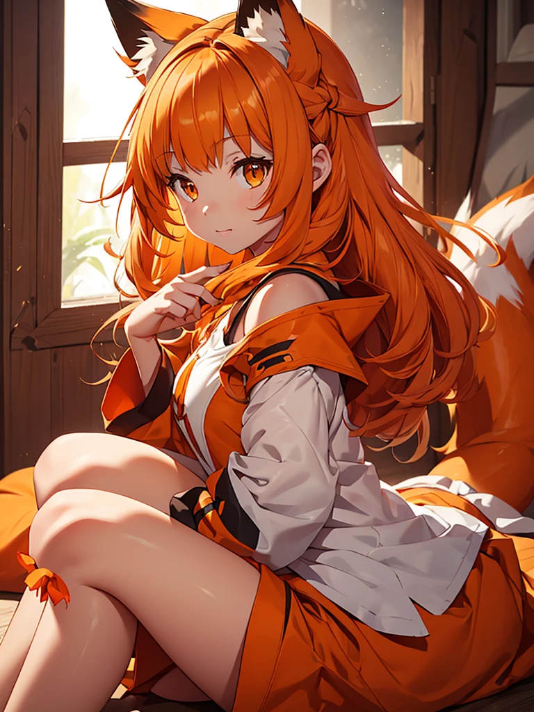 Young girl with shoulder length orange hair and yellow eyes, wearing a simple tunic, orange fox ears with a white tip and two orange fox tails with white tips.