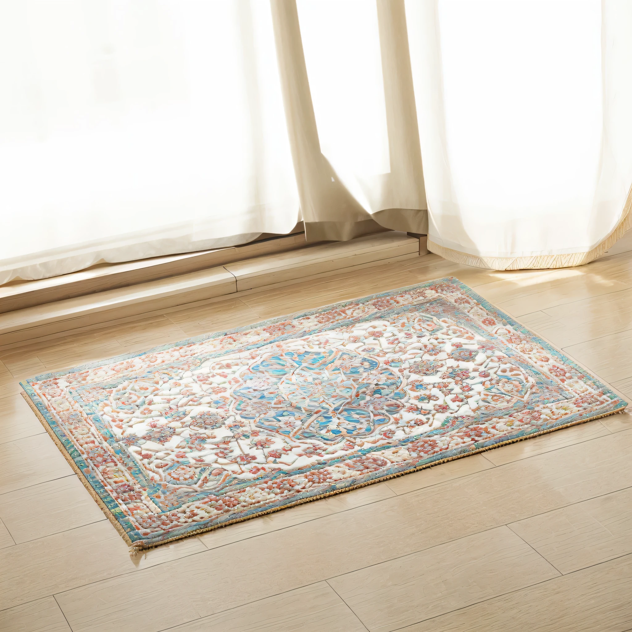 there is a Small carpet on the floor in front of a window, detailed patterned Small carpet, Light colored bohemian carpet, Small carpet, carpet, Small carpets, persian Small carpet, With decorative edge, persian Small carpets,Detailed wide angle shot, Persian carpet, The full subject is shown in the photo, Oriental carpet, Very gorgeous, Sunlight, Designed for comfort and aesthetics!, Bright morning light，Japanese style interior environment，Sunlight shines on the carpet