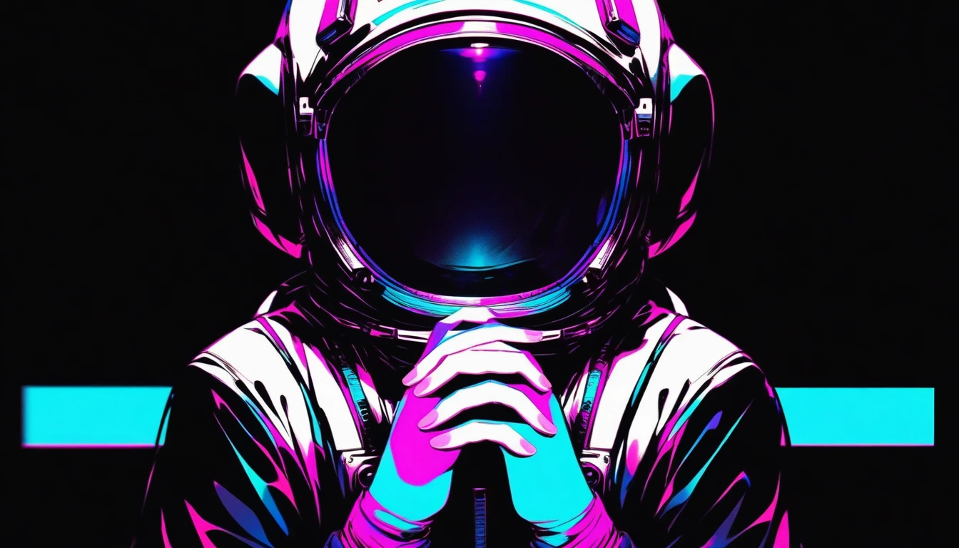 an astronaut, black background, front view, prayer with both hands, black and white image, neon color

