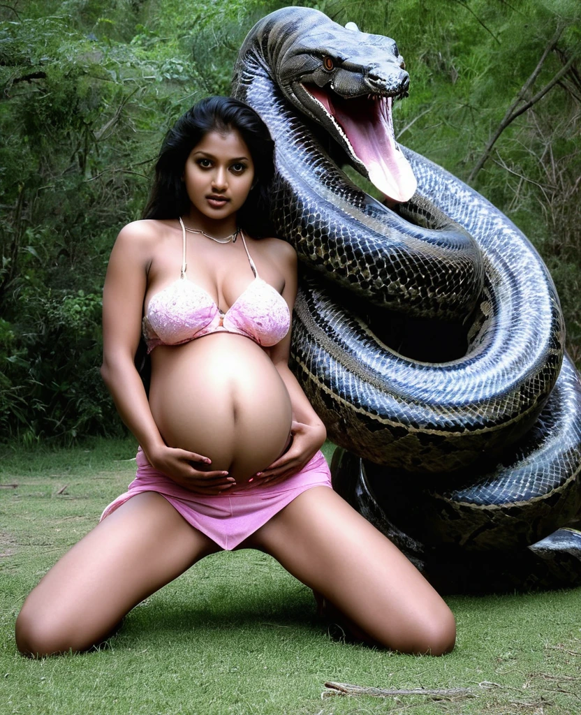 Pregnant Pink thong Happy Horny, aroused 1girl), beautiful kneeling young Indian village girl with giant colossal titanboa monster squeezing her hard, wrapped in thick spiraling coils, constricted, struggle, gasping for air, snake attack, snake peril, moonless night, dim light nsfw