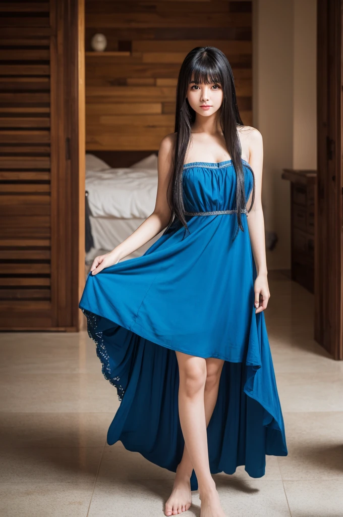 、Highest quality , sexy, Ultra-high resolution, RAW Photos, girl, indoor, White skin, long hair ,whole body,Black Hair、Blue Indian Dress
