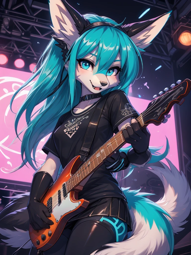 Miku Hatsune, high definition add_detail:1, blue fur,kitsune ears, tribal tattoo add_detail:1 cute high school clothes, pretty girl add_detail:3 18 year old girl, short black lycra, black metal t shirt, sensual look add_detail:3, hands rock sign, shouting add_detail:1, playing a electric guitar on stage add_detail:1, sensual pose with guitar add_detail, long hair add_detail:3