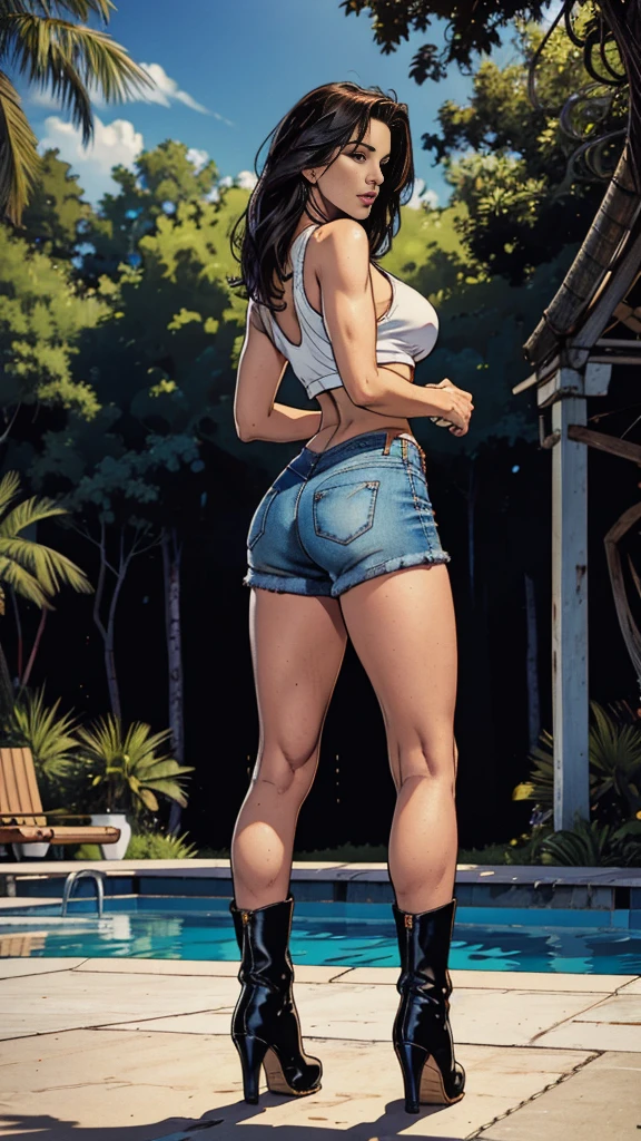 45 years old Juia Ann, revealing outfit, large breasts, attuned pose, cleavage, jeans shorts, white crop top, full body pose, black boots, medium length dark hair, backside pool