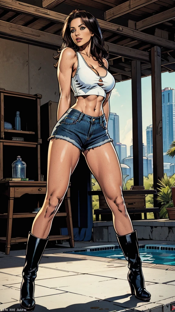 45 years old Juia Ann, revealing outfit, large breasts, attuned pose, cleavage, jeans shorts, white crop top, full body pose, black boots, medium length dark hair, backside pool
