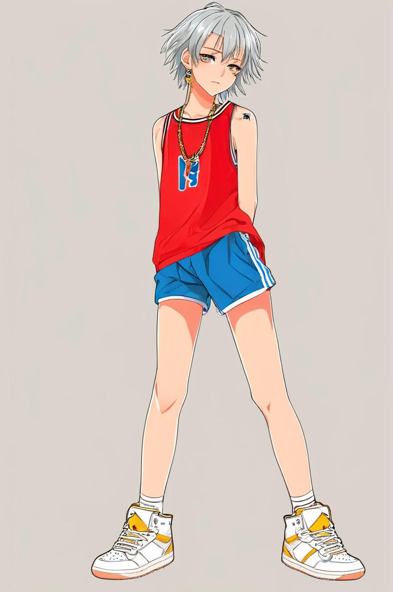 Plain background, Anime Portrait, One girl, 2D, Flat anime style, Studio Illustration,
masterpiece, Highest quality, Girls Shots, Standing pose, whole body, Silver or gold necklaces and thin rings,
sneakers, Ahoge, 16 years old, Beautiful and attractive anime teen, Bad boy, Tattoo, Nose Piercing, Lip Piercing