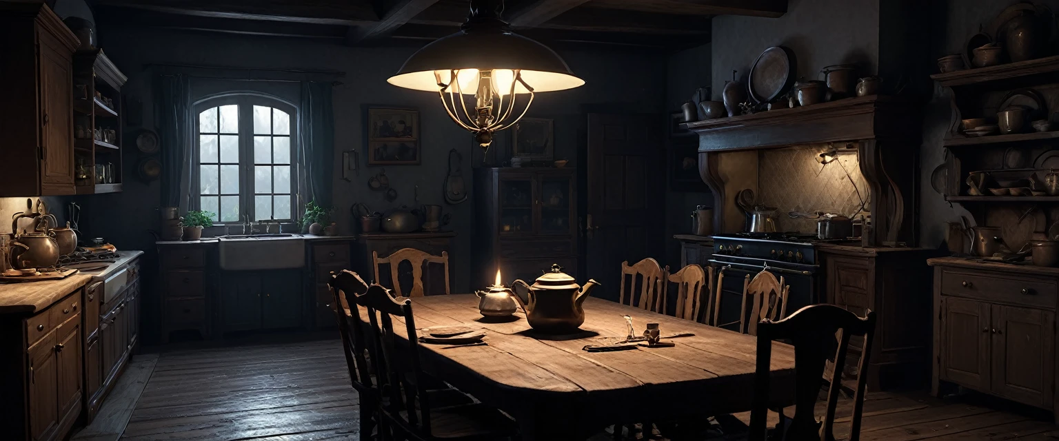 Visualize a colonial-style kitchen at midnight, with dim lighting casting eerie shadows over the room. The large wooden table, old-fashioned stove, and hanging pots and pans create a sense of antiquity. The room is filled with an unsettling silence, broken only by the distant sound of creaking floorboards, damp and foggy. (masterpiece, 8K, super realistic, super details, super focus, mystic, mysterious, no people)