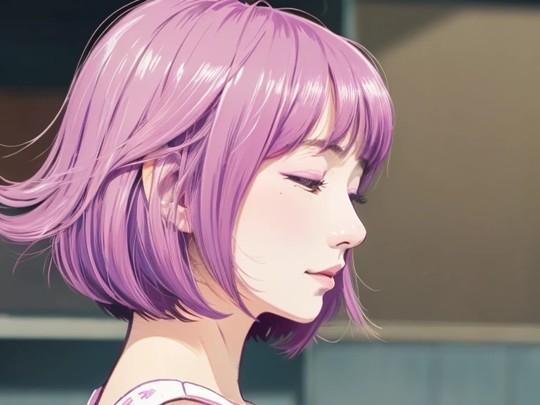 illustration style, 1girl, thinking, half-closed eyes, small eyes, bob-cut hair, Her hair being blown by the wind. ukiyoe, from very side view, lighting side, Showa anime, half body shot, ukiyoe, woman, soft pink and purple cumulonimbus Behind, pink and blue, pastel colors, realistic:0.4,
