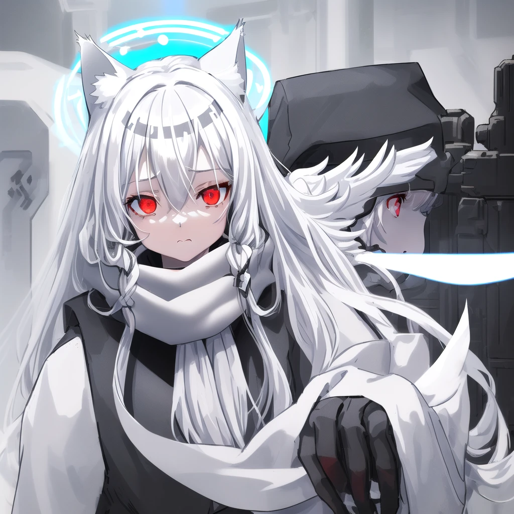 masterpiece, highest quality, highest resolution, clear_image, detailed details, White hair, long hair, cat ears, 1 girl, red eyes, black military gear, light blue glow, white scarf (white scarf around the neck), gray futuristic halo (gray halo over the head), white futuristic wings, holding rifle, cute, no water marks, outer space (earth's orbit)