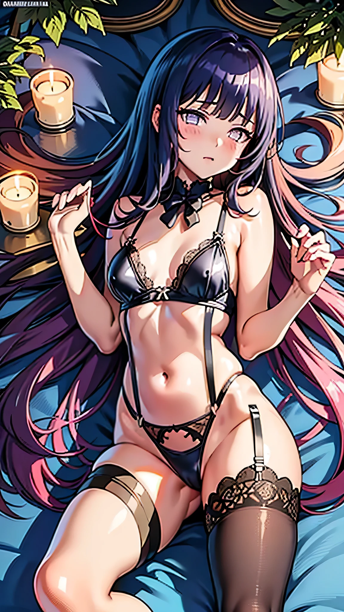 Masterpiece, top quality, best quality, official art, beautiful and aesthetic, anime, 1girl,extremely detailed, colorful, more detailed ((ultra-detailed)), (highly detailed CG illustration),(small breast:1.2),hyuuga hinata, laying on bed, candle light, candles, romantic atmosphere, luxury lingerie, lace lingerie, stockings, stocking suspenders, from above,in middle