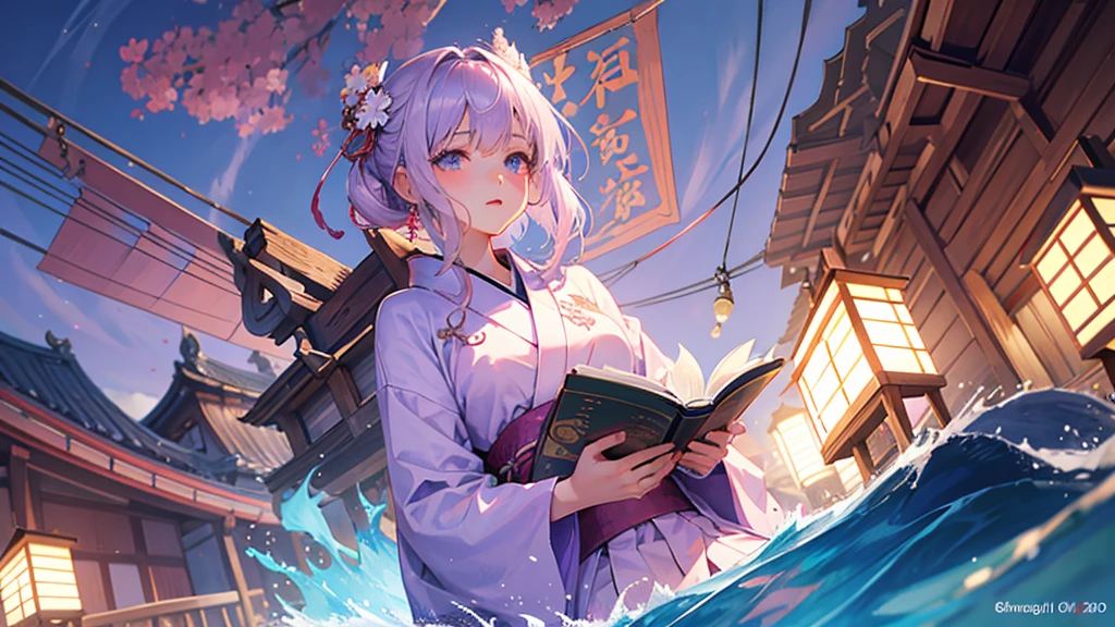 woman　clear　Light purple hair　　kimono　　Anime Style　reading　literature　Boat
