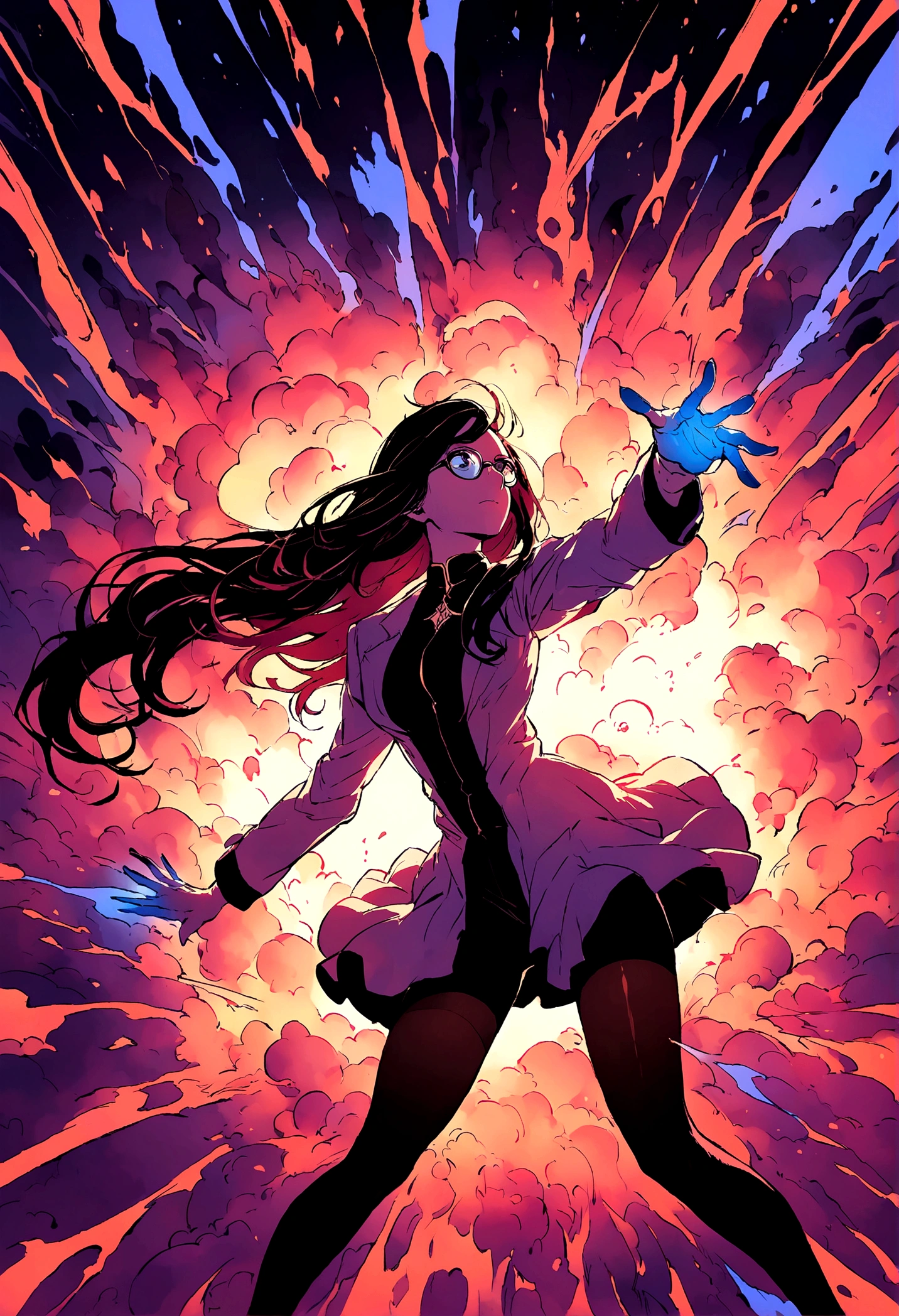 ((Tights)),future technology,Illustration style,Long hair,beautiful,Dust rolling,Dark,Glasses,explode