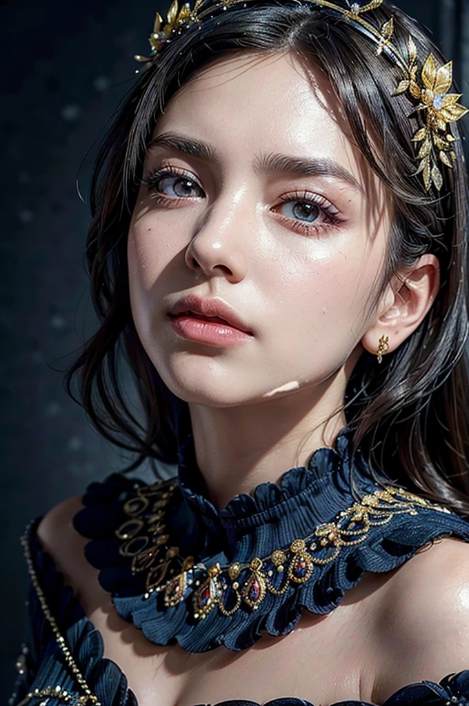 a beautiful woman in an exquisite, opulent, and glittering dress with luxurious decorative elements on a navy blue background, the dress adorned with red accents, the woman wearing a small tiara on her head and a navy blue cape on her back, she has short black hair and is kneeling sideways, with a castle wall in the background, (best quality,8k,highres,masterpiece:1.2),ultra-detailed,(realistic,photorealistic,photo-realistic:1.37),detailed eyes,detailed lips,extremely detailed face,long eyelashes,elegant,regal,grand,dramatic lighting,dramatic colors,cinematic,japanese famace female idol