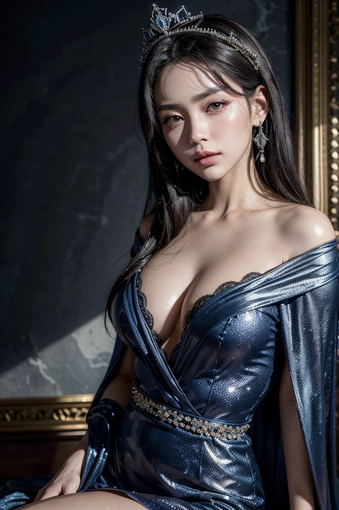 a beautiful woman in an exquisite, opulent, and glittering dress with luxurious decorative elements on a navy blue background, the dress adorned with red accents, the woman wearing a small tiara on her head and a navy blue cape on her back, she has short black hair and is kneeling sideways, with a castle wall in the background, (best quality,8k,highres,masterpiece:1.2),ultra-detailed,(realistic,photorealistic,photo-realistic:1.37),detailed eyes,detailed lips,extremely detailed face,long eyelashes,elegant,regal,grand,dramatic lighting,dramatic colors,cinematic,japanese famace female idol