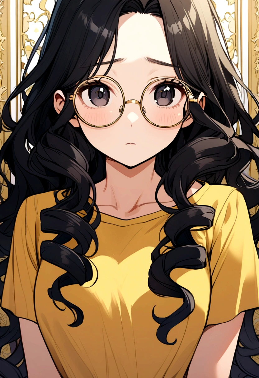 girl with black hair, long curly hair, no bangs, gold rimmed glasses, black eyes, yellow t-shirt