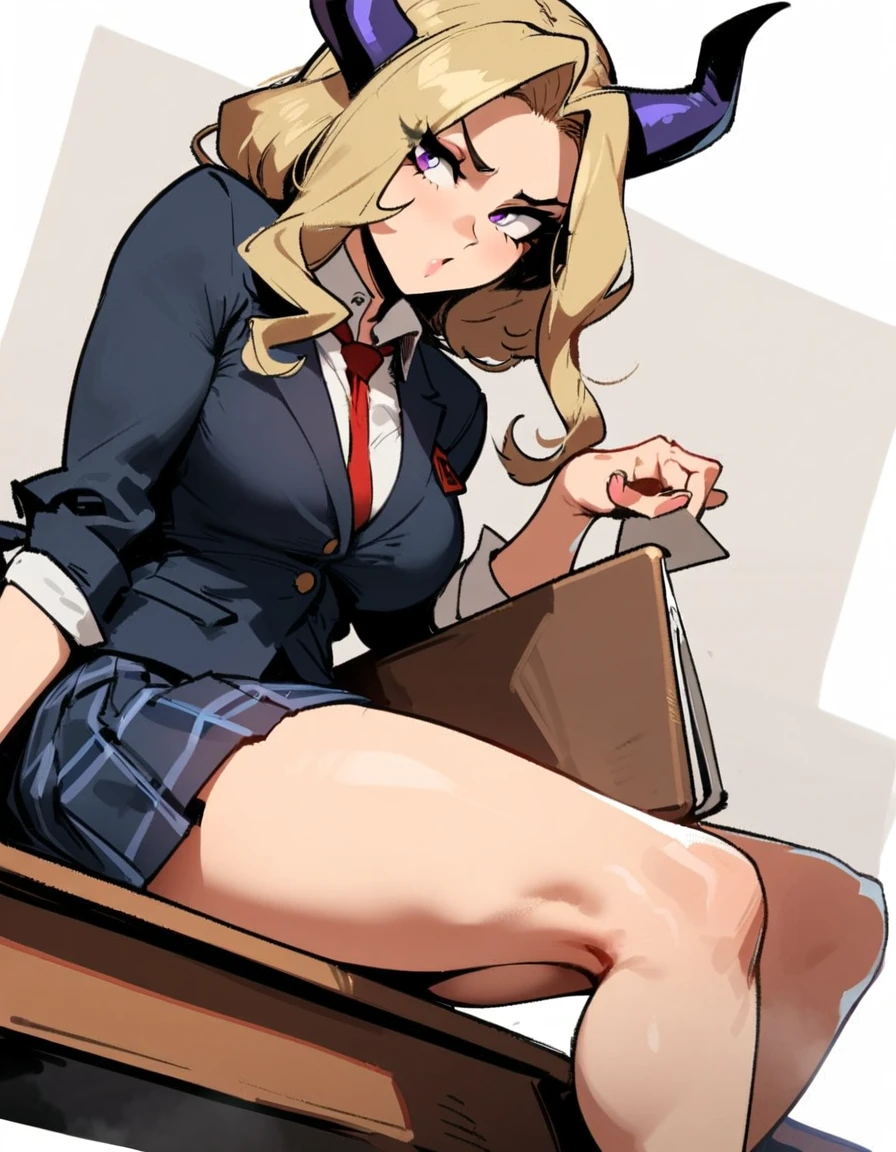 1girl, mount lady, boku no hero academia \\\\\ masterpiece, best quality, very aesthetic, absurdres, newest \\\\\\ sportive body, \\\\\\ by dodok, nyantcha, cutesexyrobutts, by khyle ///// blonde, purple eyes, (school uniform:1.2), skirt, , 24 years old, white background,tie,sit on desk, below view,