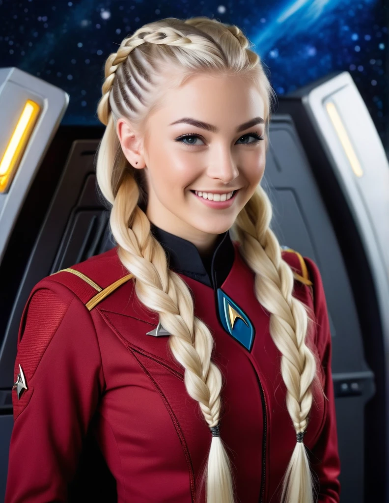 very attractive 25 year old girl with long platinum blonde hair, Vulcan woman, portrait, focus on smiling face, wearing a star trek uniform , her hair is styled as multi-braid hair,
